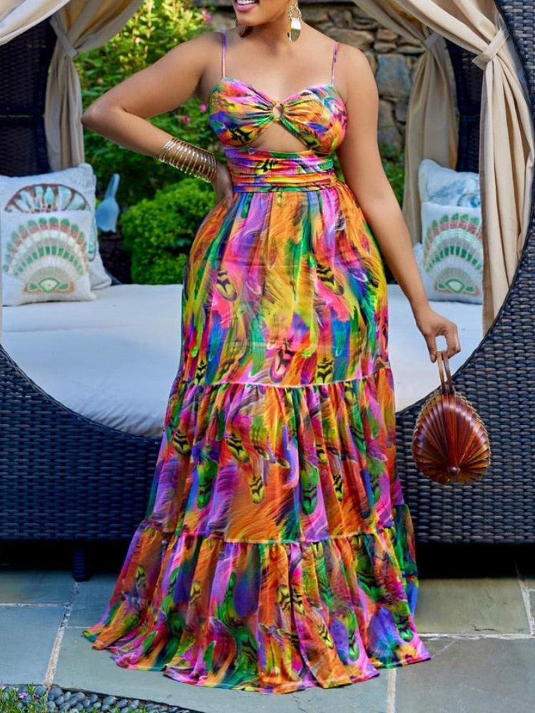 Elegant Sling Plus Size Dress Sexy Printing Fashion Backless Boho Beach Mixi Dress Robe Femme Ete Leisure Vacation Vestidos