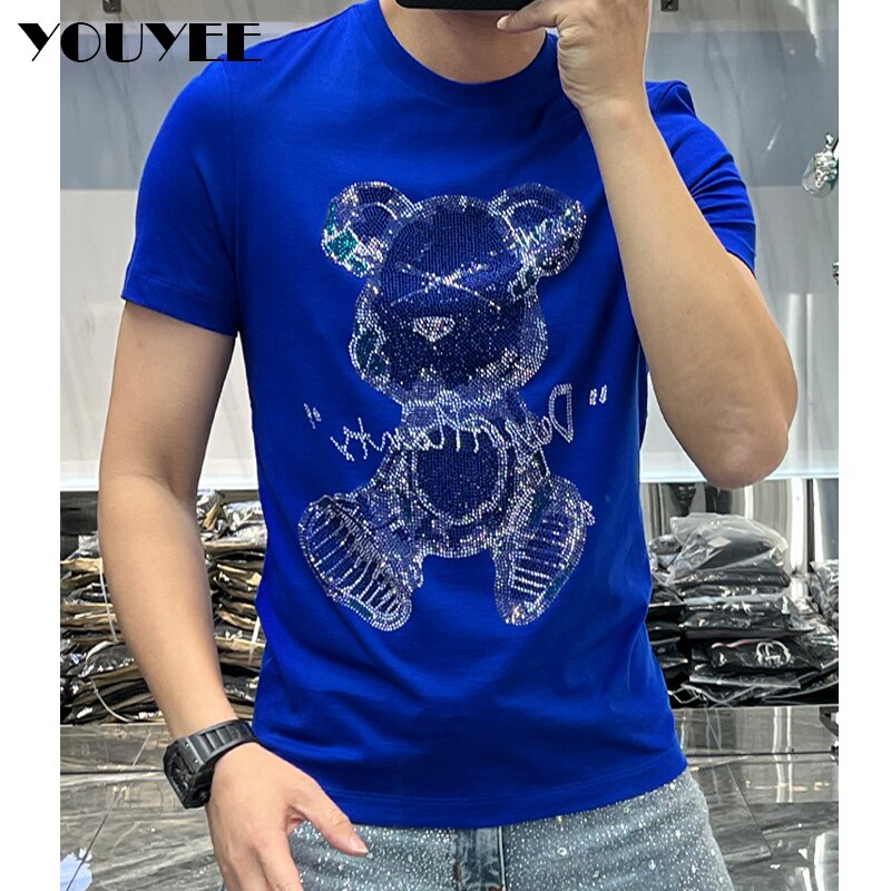 Rhinestone Casual Men's Short Sleeve T-shirt Loose O-neck 2022 Summer New Fashion Trend Brand Diamond Bear Green Yellow Clothing