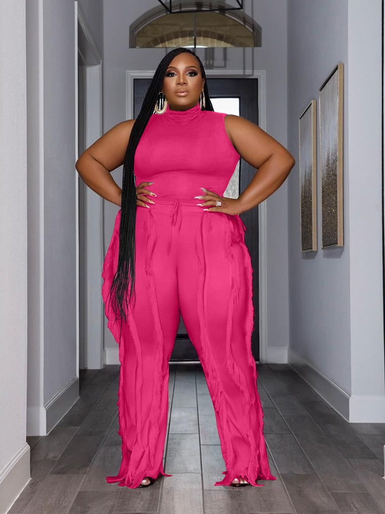 Large Size Matching Sets Ladies Sleeveless Top and Pants Tassel Womens Two Peice Sets Plus Size Summer Outfits Free Shipping