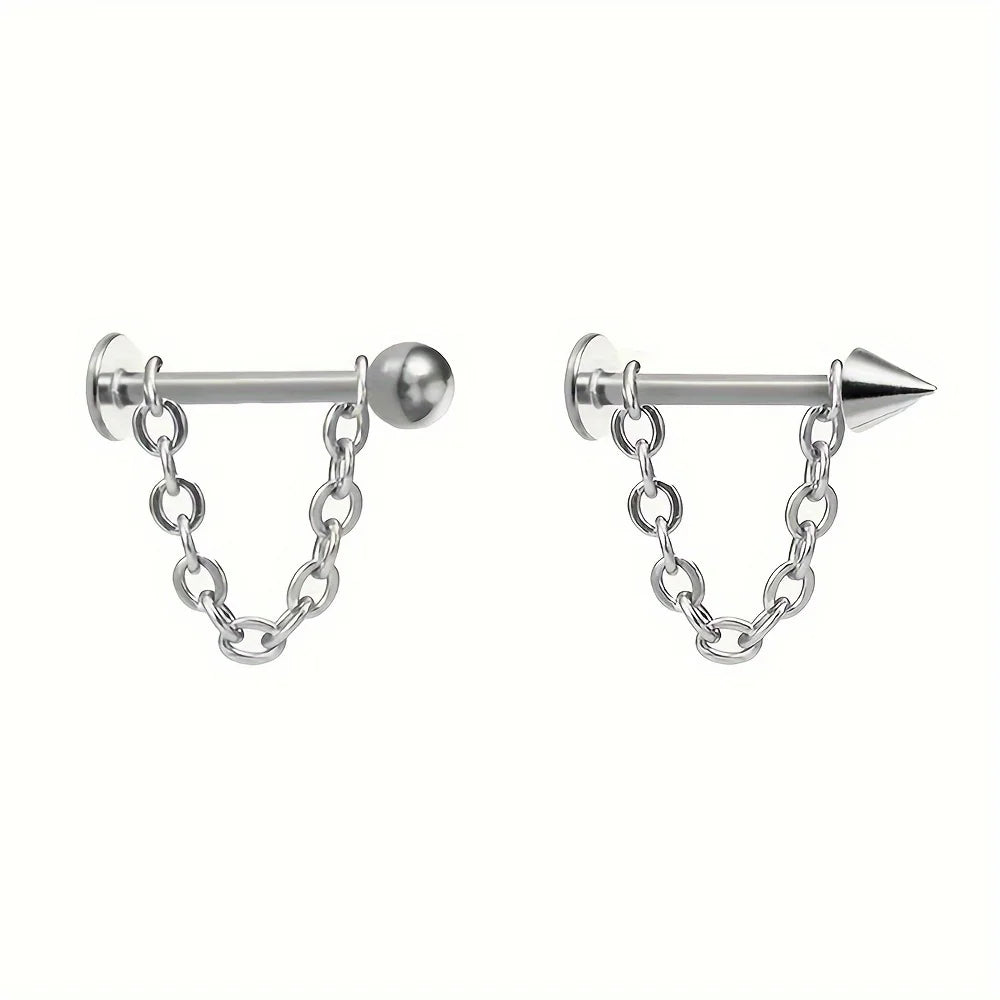 6pcs Punk Simple Style Stainless Steel Chain Lip Stud Detachable Cartilage Stud Earrings Body Piercing Jewelry For Men
