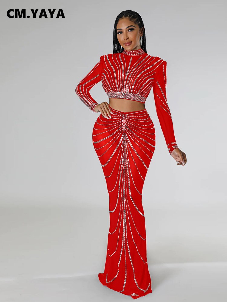 CM.YAYA Elegang Mesh See Though Diamonds Hot Rhinestones Maxi Long Midi Skirts Sets for Women Sexy Party Two 2 Piece Set Outfits