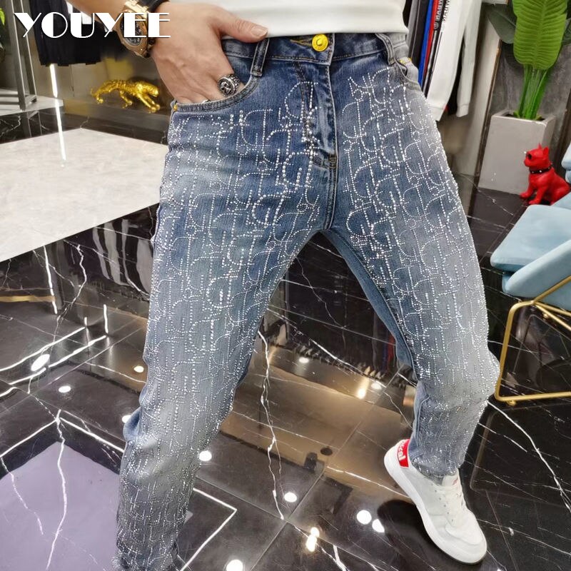 Designer Jeans Men Full Rhinestone Male Tight Pencil Pants New Fashion Luxury High-quality Man Denim Slim Trousers streetwear