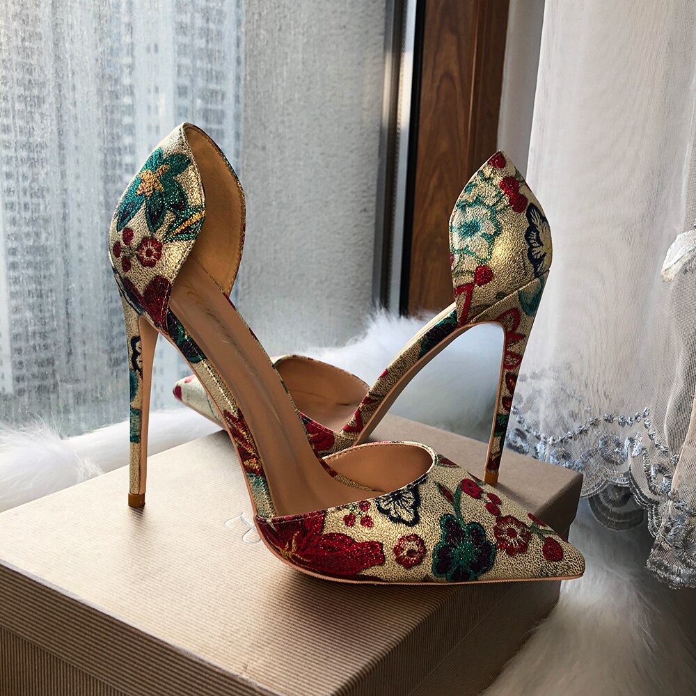 Heelgoo Flower Print Women Gold Pointy Toe D'Orsay High Heel Wedding Bridal Shoes Sexy Ladies Party Stiletto Pumps Size 33-46