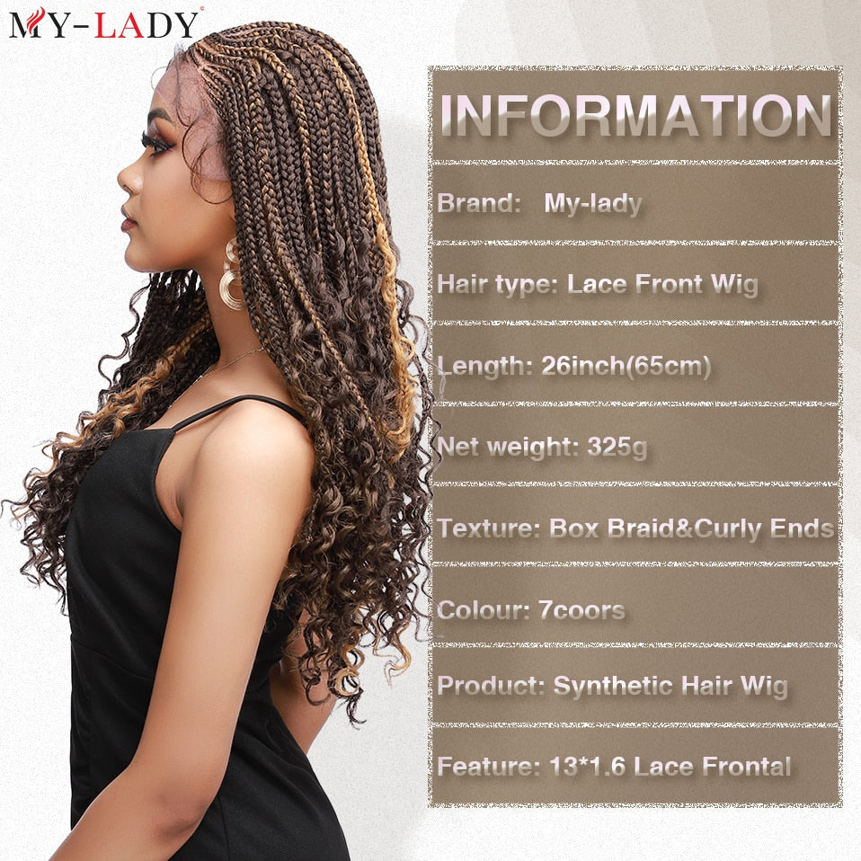 My-Lady Synthetic 26'' Cornrow Braids Lace Wigs Curly Ends Box Braided Lace Front Wig Baby Hair Frontal Afro Wig Black Women