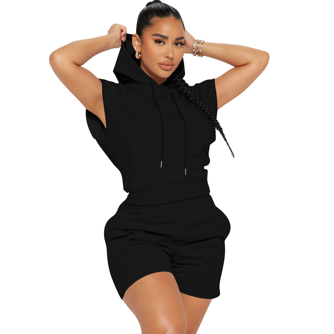 CM.YAYA Fashion Women's Set Hooded Flare Short Sleeve Sweatshirt and Shorts Suit 2023 Active Two 2 Piece Set Outfits Tracksuit