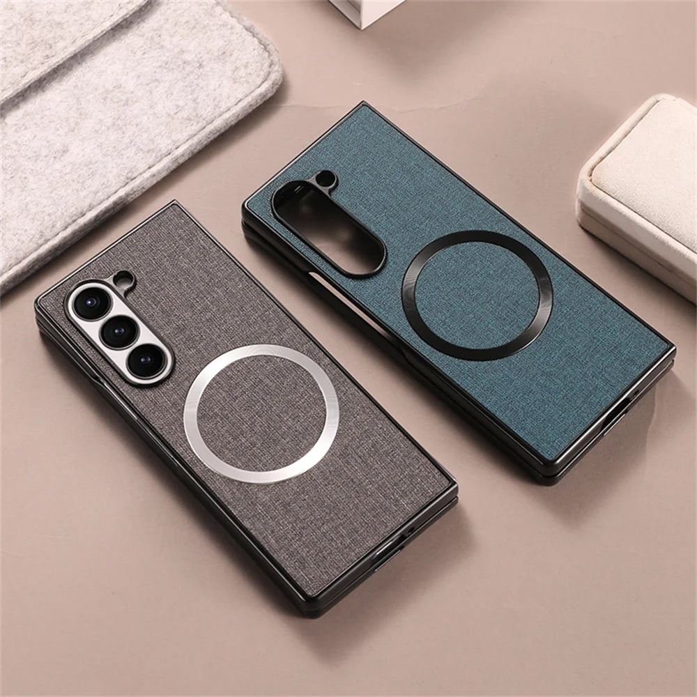 Luxury Fabric Cloth for Magsafe Case for Samsung Galaxy Z Fold 6 5 4 3 Magnetic Wireless Charging Ultra Slim Shockproof Cover