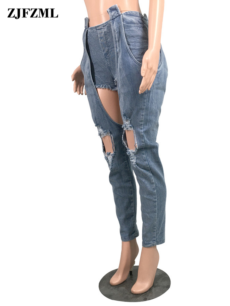 Sexy Destroyed Hole Denim Jeans for Women High Waist Spliced Ripped Jeans Hollow Out Streetwear Mujer Skinny Full Length Jeans