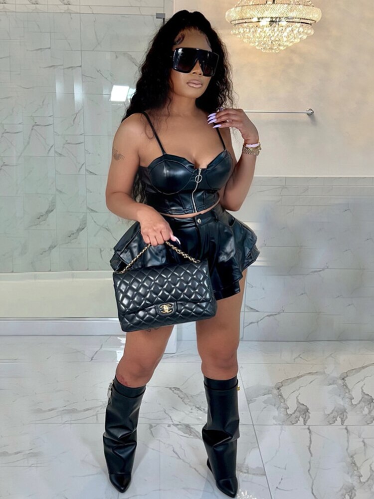 2 Piece Sets Womens Outfits Clubwear Leather Crop Top and Shorts Sets Summer Pu Sexy Outfits Wholesale Bulk Dropshipping