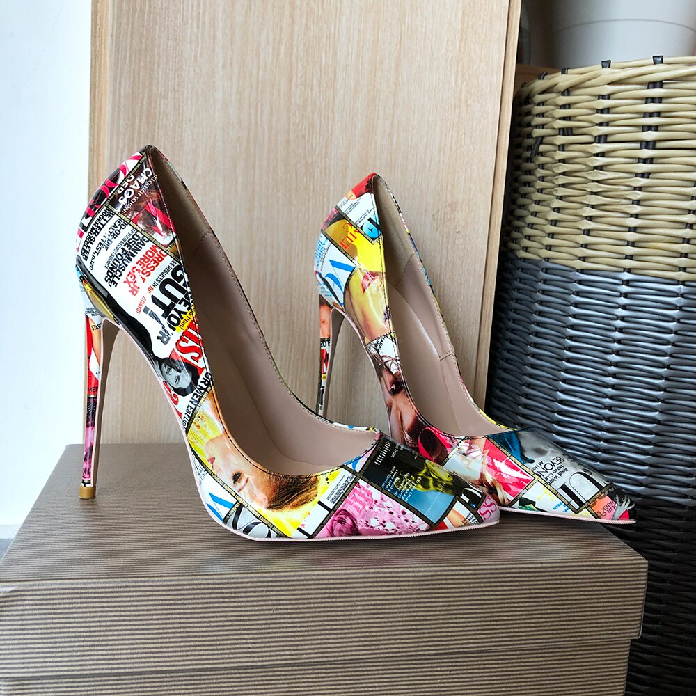 Veowalk Magazine Print Women Pointy Toe High Heel Shoes 80 100 120 Sexy Designer Stiletto Pumps for Party Big Size 43 44 45