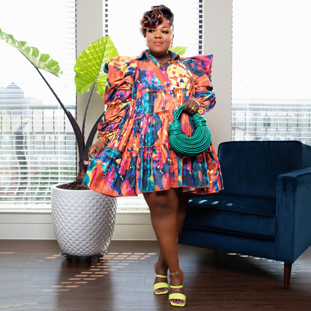 CM.YAYA Plus Size Women Houndstooth Tie Dye Camouflage Printed Puff Long Sleeve Button Shirt Smock Babydoll Big Swing Dress