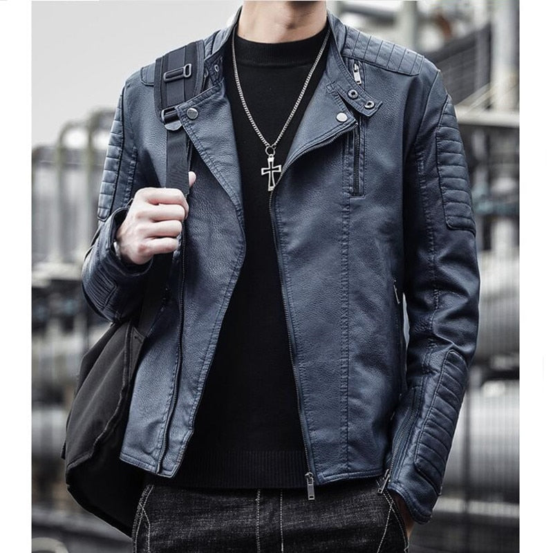 Brand clothing Men Slim Fit Jacket Fashion Solid Color Motorcycle Winter Jackets Chaqueta Hombre Windproof Black Leather Coat