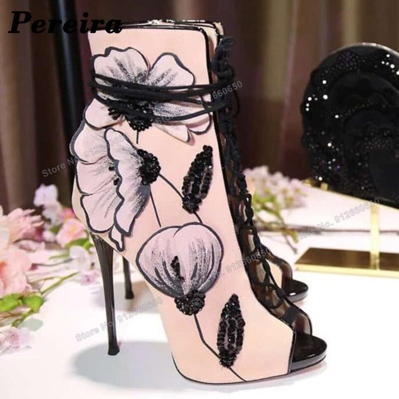 Peraira Cross Tied Flower Decor Boots Women Lace up Peep Toe Stilettos High Heels Dress Boots Custom Made Runway Shoes on Heels