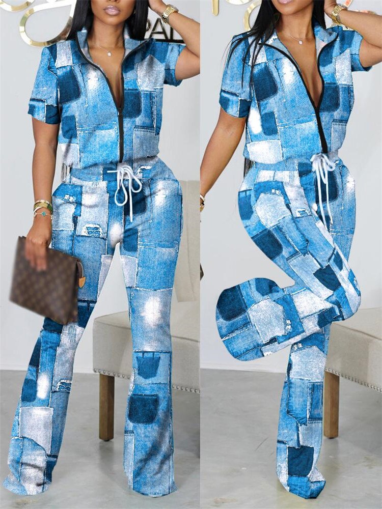 2023 Two Piece Sets Womens Geometric Print Zip Up Top &amp; Drawstring Pants Set Outifits Fashion Tracksuits Casual T Female Outfit