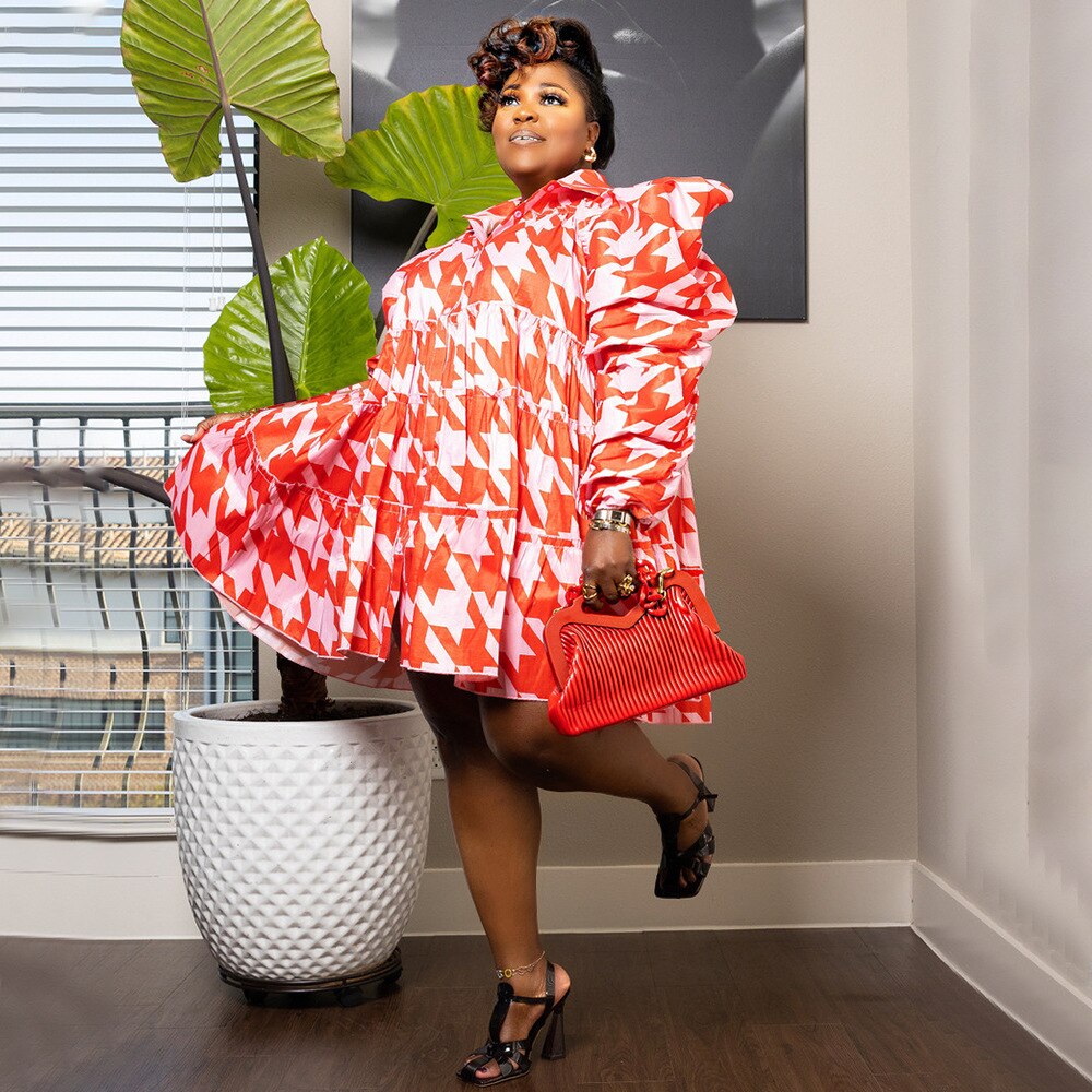 CM.YAYA Plus Size Women Houndstooth Tie Dye Camouflage Printed Puff Long Sleeve Button Shirt Smock Babydoll Big Swing Dress