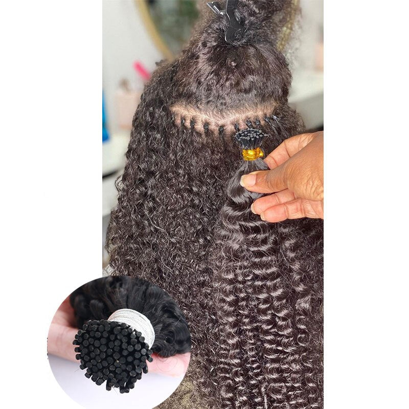 3C 4A Kinky Curly I Tip Microlinks Human Hair Extensions African American Fusion Brazilian Human Hair I Tips 100g Per Package
