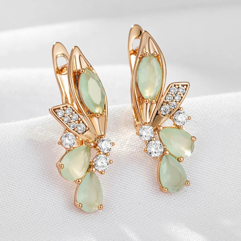 Wbmqda Luxury Green Natural Zircon Long Dangle Earring For Women 585 Rose Gold Color Trendy Crystal Flower Ear Drop Jewelry