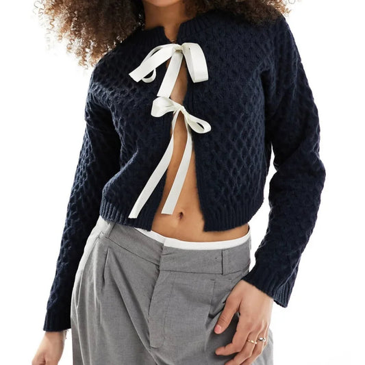 Y2k Knit Cardigan 2024 Autumn New Women's Casual Fashion Versatile Vintage Sweet Bow Decoration Knitted Sweater Streetwear