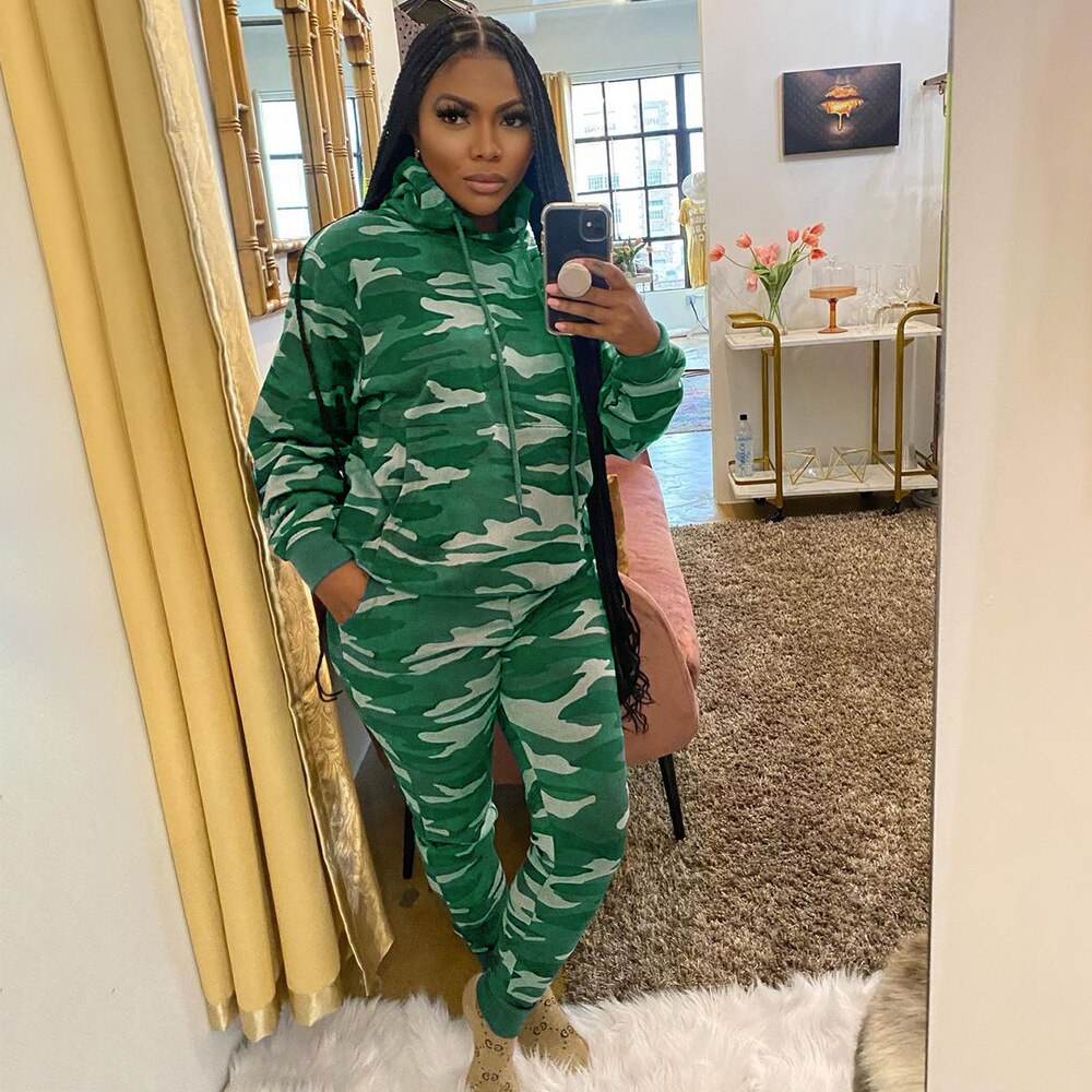 Ladies Camo Set Women Camouflage Tracksuit  Hoodies Sweatshirt Pants 2 Piece Sportwear Fall Outfits