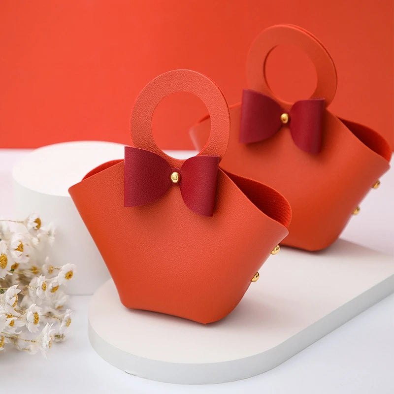 10/20PCS Leather Gift Bags Bow Ribbon Packaging Bag Wedding Favour Distributions Bags Christmas Candy Packaging Box Mini Handbag