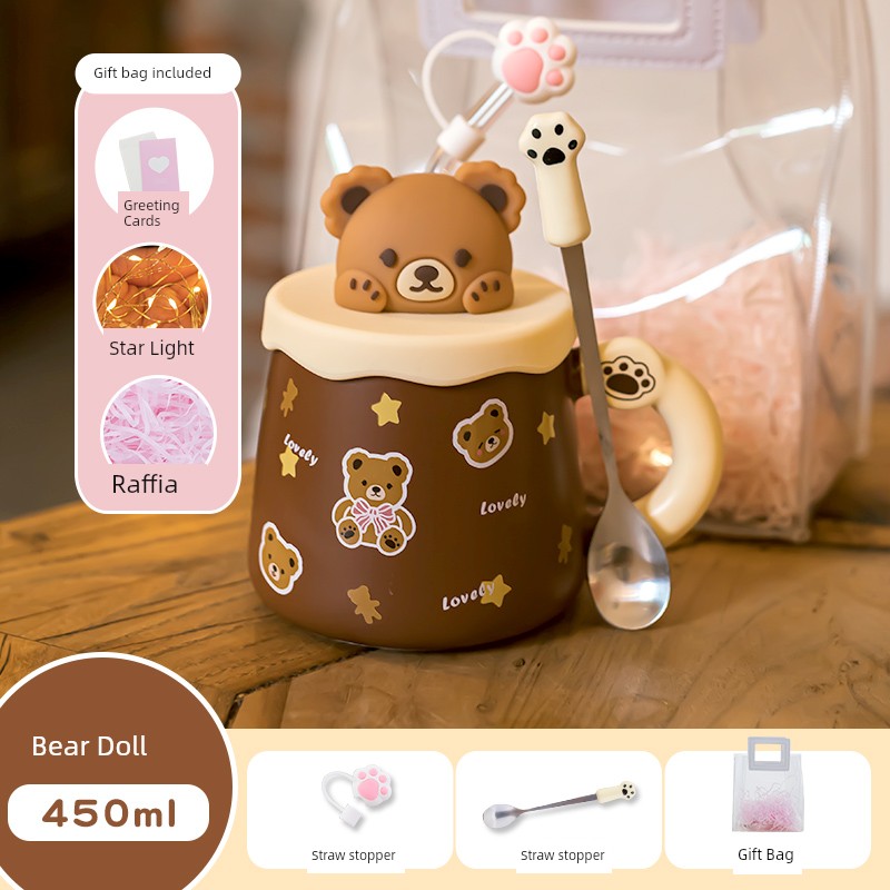 Cute Ceramic Cup Couple with Lid Spoon Straw Mug Home Breakfast Coffee Cup Women Office Water Glass Men
