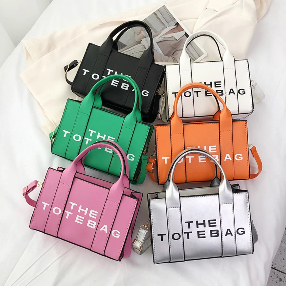 Women Tote Bag Contrast Letters Fashion Ladies Top-Handle Bags PU Leather Portable Casual Simple Adjustable Straps Hobos Bags