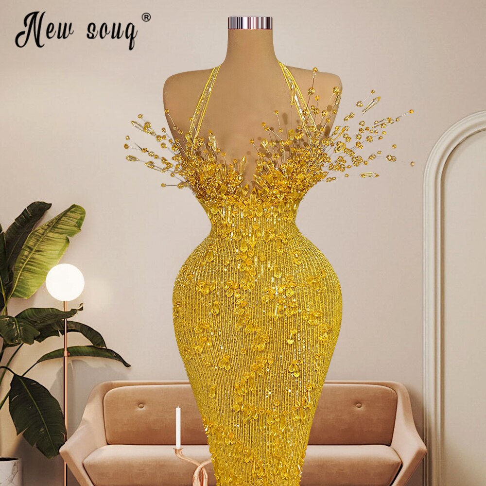 Sparkle Beading Luxury Party Gowns Backless Halter Sexy Formal Prom Dress 2023 Arabic Women Evening Dresses Mermaid Custom Made