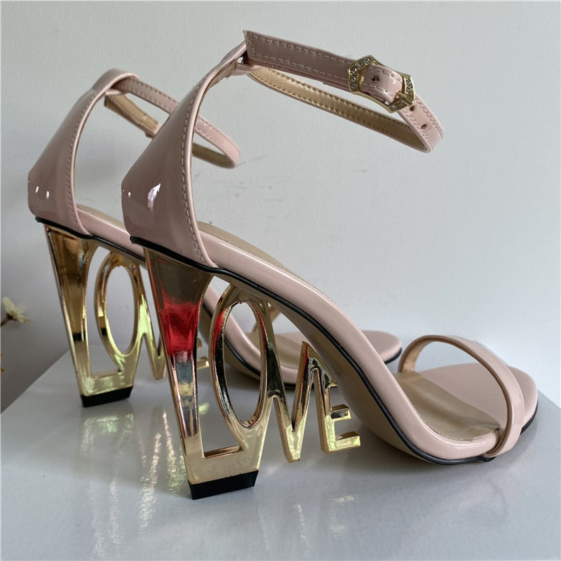 New Design Letter-Love Heel Gladiator Sandals Women Sexy One-strap Strange High Heels Fretwork Heel Summer Party Shoes