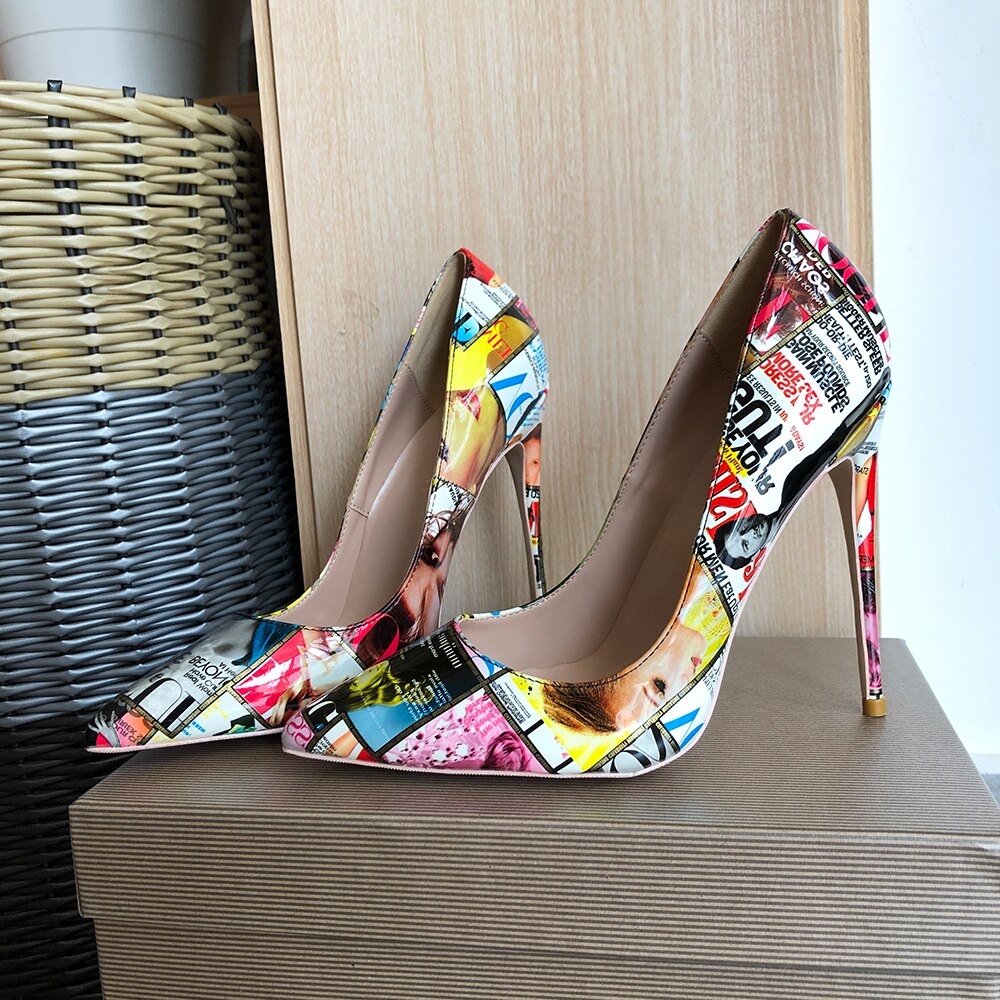 Veowalk Magazine Print Women Pointy Toe High Heel Shoes 80 100 120 Sexy Designer Stiletto Pumps for Party Big Size 43 44 45