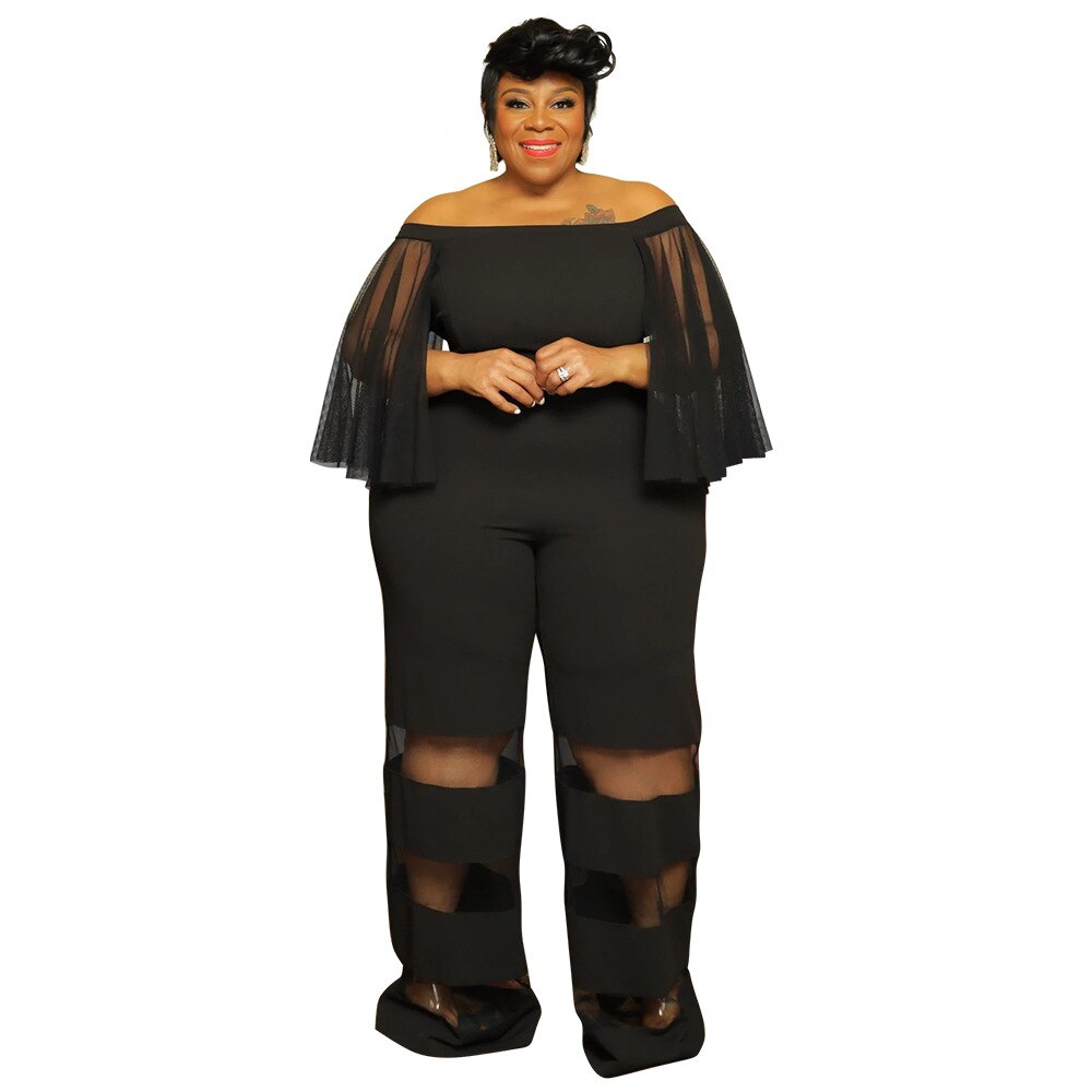 Plus Size Women Elegant Jumpsuit Mesh Patchwork One Piece Outfit Lady Designer Wide Leg Pant 2023 Spring Female Fashion Jumpsuit
