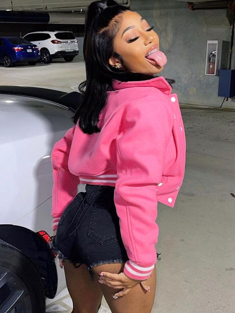 Fashion Women Casual Long Sleeve Skinny Single Breasted Pockets Stitching Varsity Lady Coat Letter Embroidery Preppy Jackets