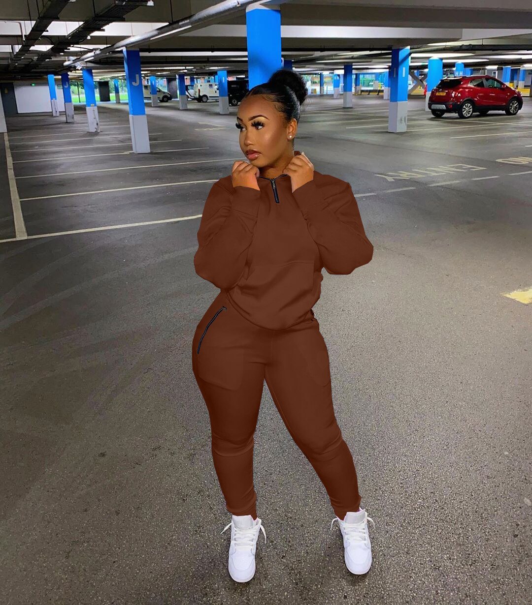 HLJ&amp;GG Winter Tracksuits Two Piece Sets Pink Letter Print Solid Casual Outfits Zip Sweatshirt + Pockets Pants Women Sweat Suits