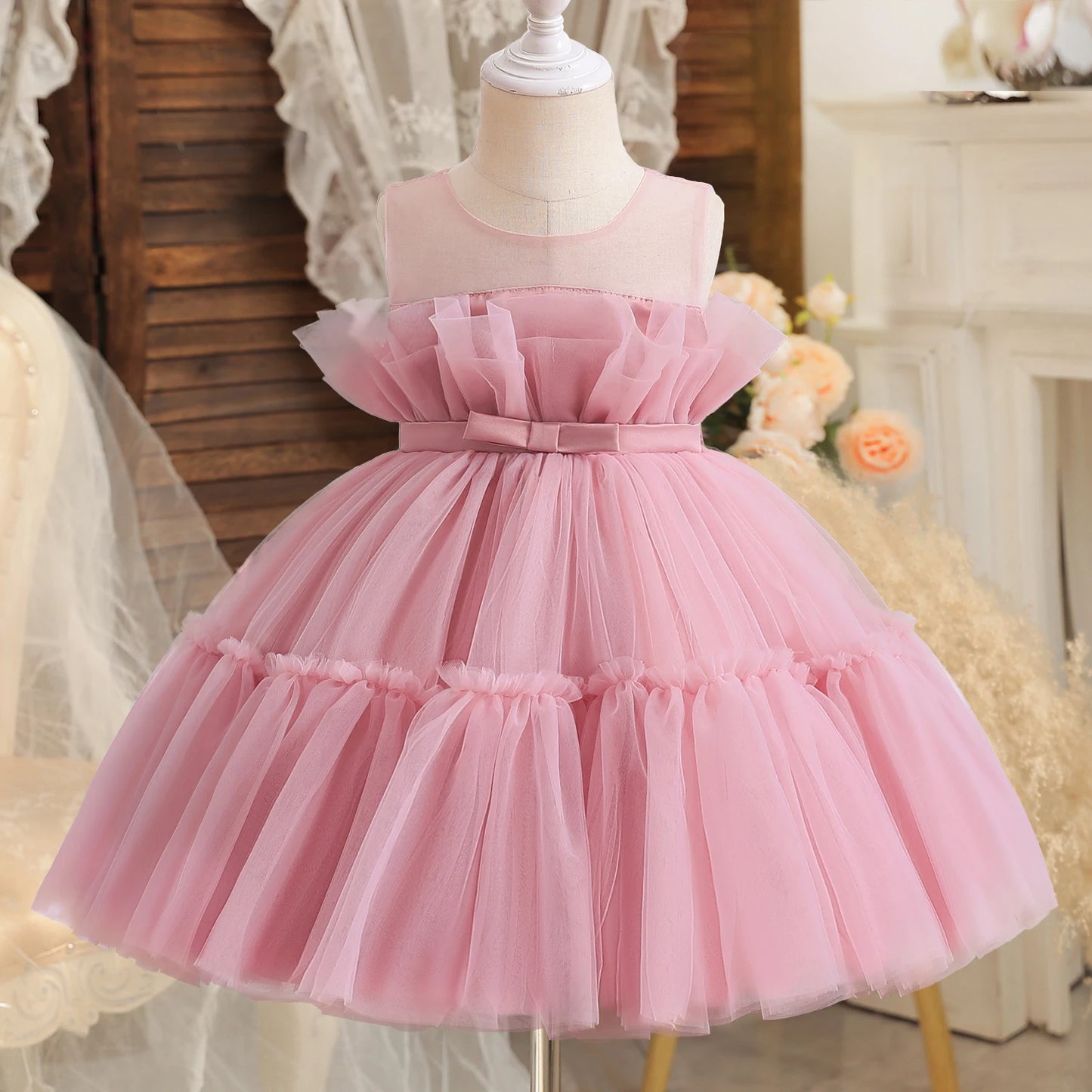 2023 Pink Elegant New Girl Princess Dresses For Kids Events Prom Costume Birthday Wedding Party Tulle Tutu Bow Girl Vestido 1-5T