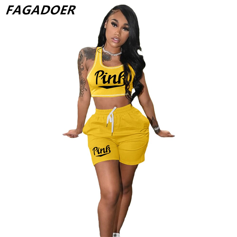 FAGADOER Summer Women Pink Letter Print Sleeveless Crop Top+Pencil Shorts Suit Two Piece Set Tracksuits Outfit Sporty Streetwear