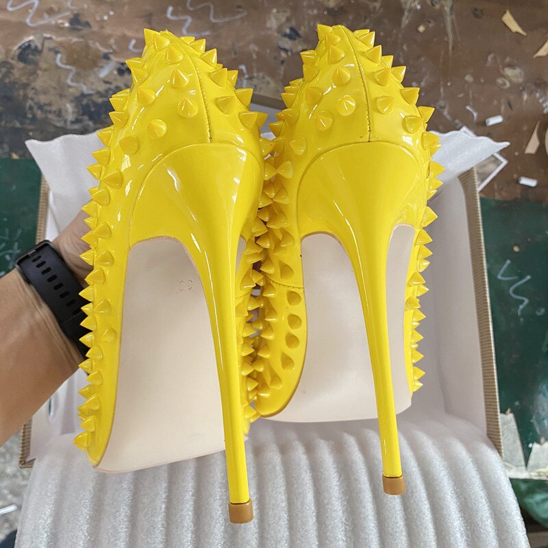 Heelgoo Yellow Women Sexy Spikes Pointy Toe High Heel Club Party Shoes Designer Classic Stiletto Pumps 8cm 10cm 12cm Customize