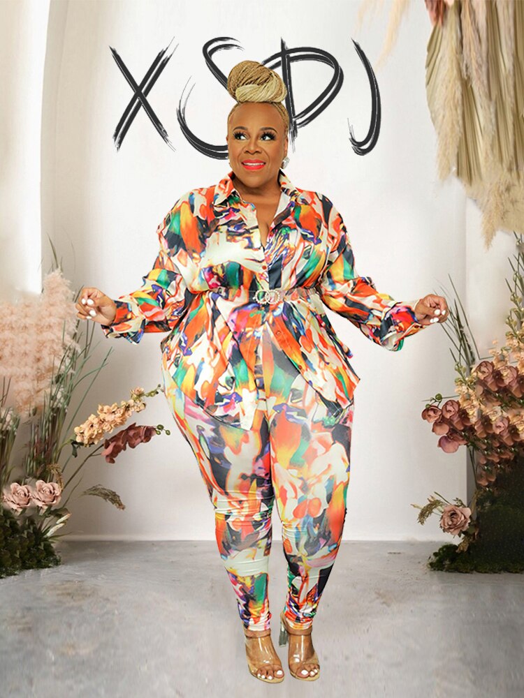 Plus Size Matching Sets Spring Print Shirt Top and Pants Two Piece Set for Women Streetwear Fashion Suit Wholesale Dropshipping