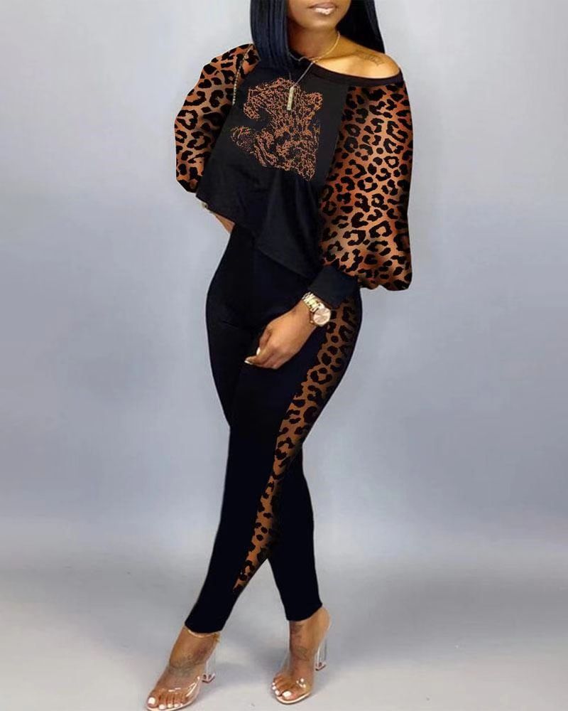 Spring Fashion Print Two Piece Set Women's Diagonal Neck Long Sleeve Casual T-shirt Tights Slim Two Piece Set Women