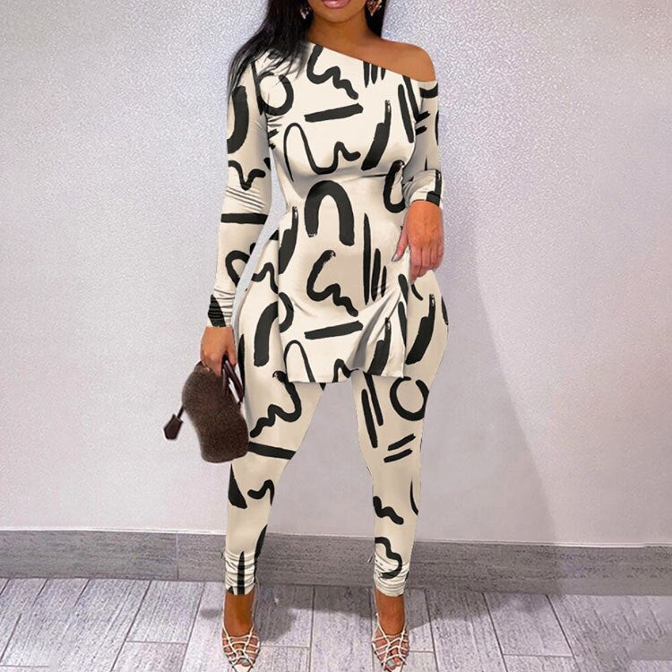 Autumn Fashion Print Two Piece Set Women Sexy Diagonal Neck Off Shoulder Split Tshirt Pencil Pants Two Piece Set Women