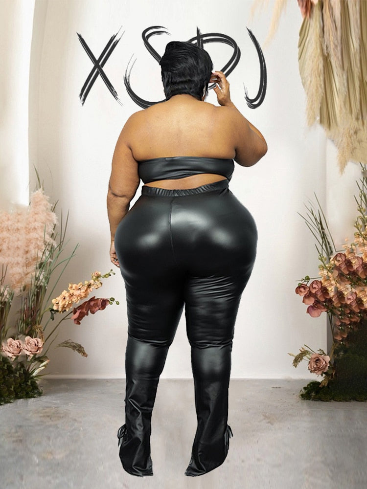Plus Size Clothes Ladies Leather Pants and Strapless Top Summer Streetwear Sets Womens 2 Piece Fashion Suits PU Sexy Outfit