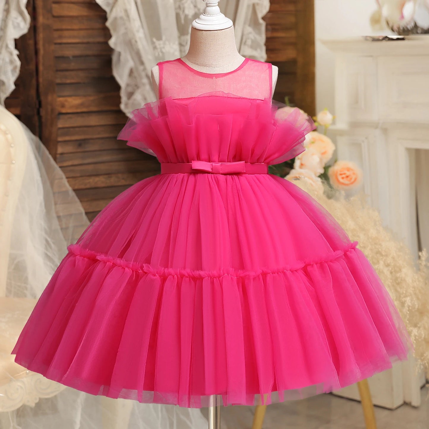 2023 Pink Elegant New Girl Princess Dresses For Kids Events Prom Costume Birthday Wedding Party Tulle Tutu Bow Girl Vestido 1-5T