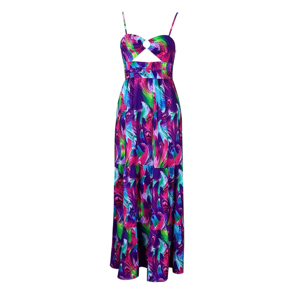 Elegant Sling Plus Size Dress Sexy Printing Fashion Backless Boho Beach Mixi Dress Robe Femme Ete Leisure Vacation Vestidos