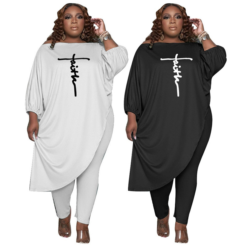 Elegant Plus Size Women's Clothing 4xl 5xl Loose Solid Color Slanted Shoulder Embroidery Tops Sexy Two Piece Sets Wholesale