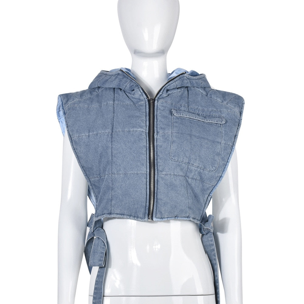 Echoine Winter Sleeveless Side Lace Up Vest Jacket Zipper Denim Hoodies Streetwear Women Clothing Fashion Outwear Crop Top