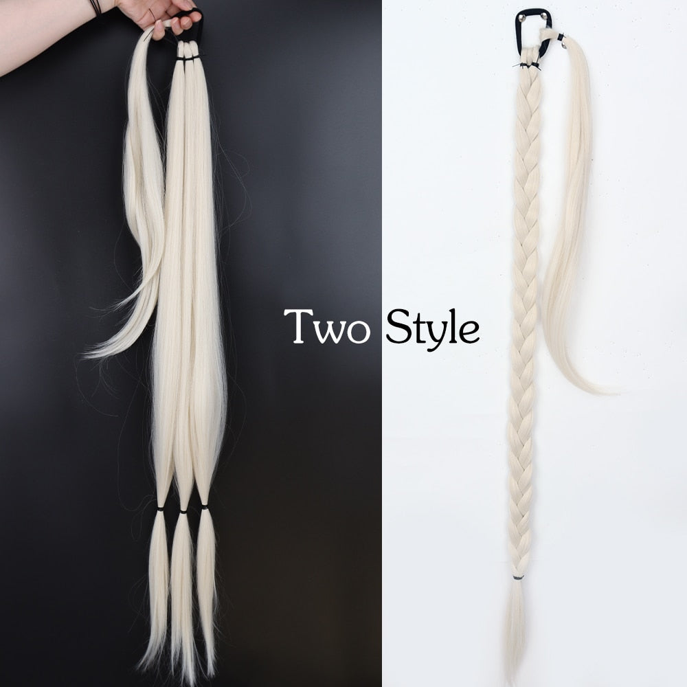 34inches Synthetic Long Braided Ponytail Hair Extensions for Women Black Brown Pony Tail with Hair Rope High Temperature Fiber