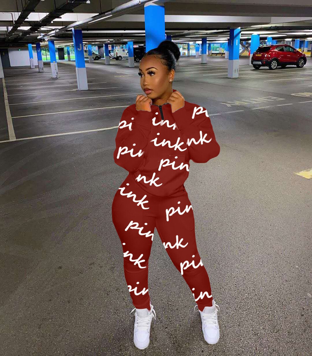 HLJ&amp;GG Winter Tracksuits Two Piece Sets Pink Letter Print Solid Casual Outfits Zip Sweatshirt + Pockets Pants Women Sweat Suits