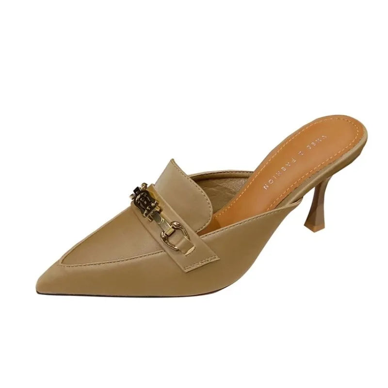 New Snake Print Woman Pumps Slipper Fashion Gold Chain Sandal Shoes Ladies Pointed Toe Slip on Mules Thin Low Heels Slides