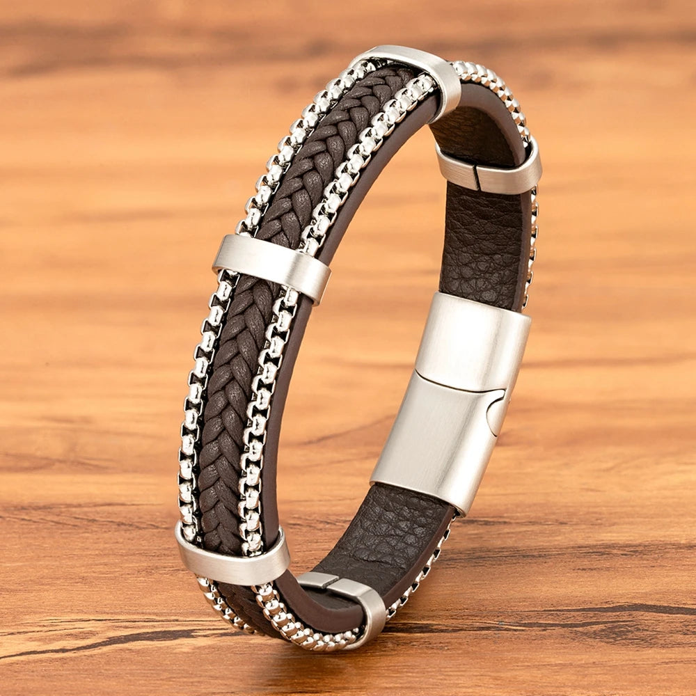 TYO New Arrivel Punk Design Chain Stainless Steel Braid Leather Bracelet for Men Magnetic Buckle Charm Jewelry Gifts Customized