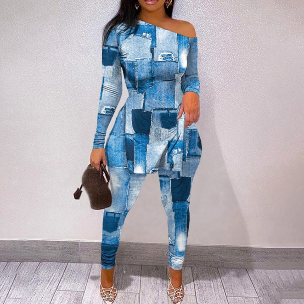 Autumn Fashion Print Two Piece Set Women Sexy Diagonal Neck Off Shoulder Split Tshirt Pencil Pants Two Piece Set Women