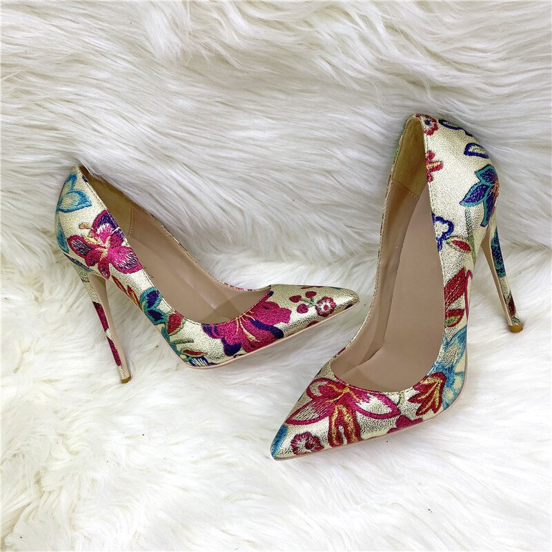 Heelgoo Flower Print Women Gold Pointy Toe D'Orsay High Heel Wedding Bridal Shoes Sexy Ladies Party Stiletto Pumps Size 33-46
