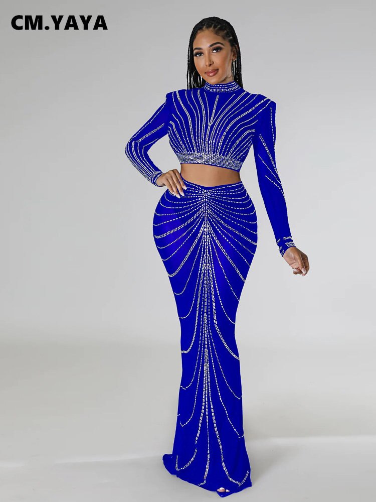 CM.YAYA Elegang Mesh See Though Diamonds Hot Rhinestones Maxi Long Midi Skirts Sets for Women Sexy Party Two 2 Piece Set Outfits
