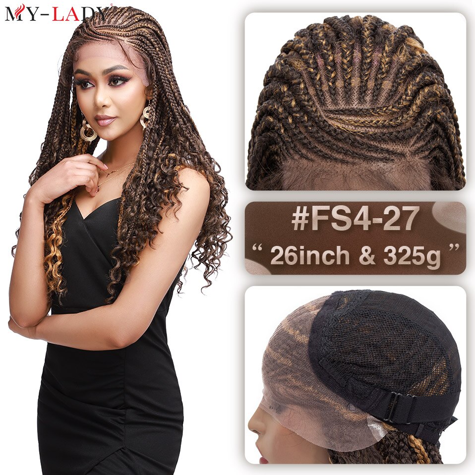 My-Lady Synthetic 26'' Cornrow Braids Lace Wigs Curly Ends Box Braided Lace Front Wig Baby Hair Frontal Afro Wig Black Women